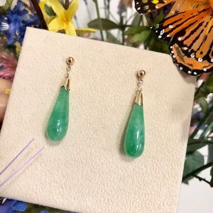 Earrings Genuine Jade Droplets  14k Gold Plated.